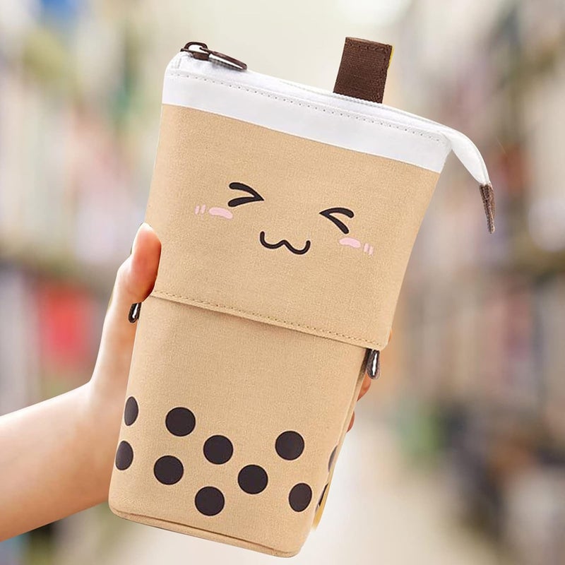 woobles Cute Pencil Case Sliding Unique Telescopic Pencil Bag Milk Tea Shape Retractable Storage Bag Cosmetic Bag 1PC, Brown, Stationery - Image 2
